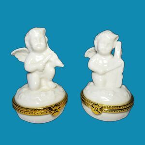 Angel Cherub Playing Violin and Cello Vintage Porcelain Trinket Jewelry Set of 2